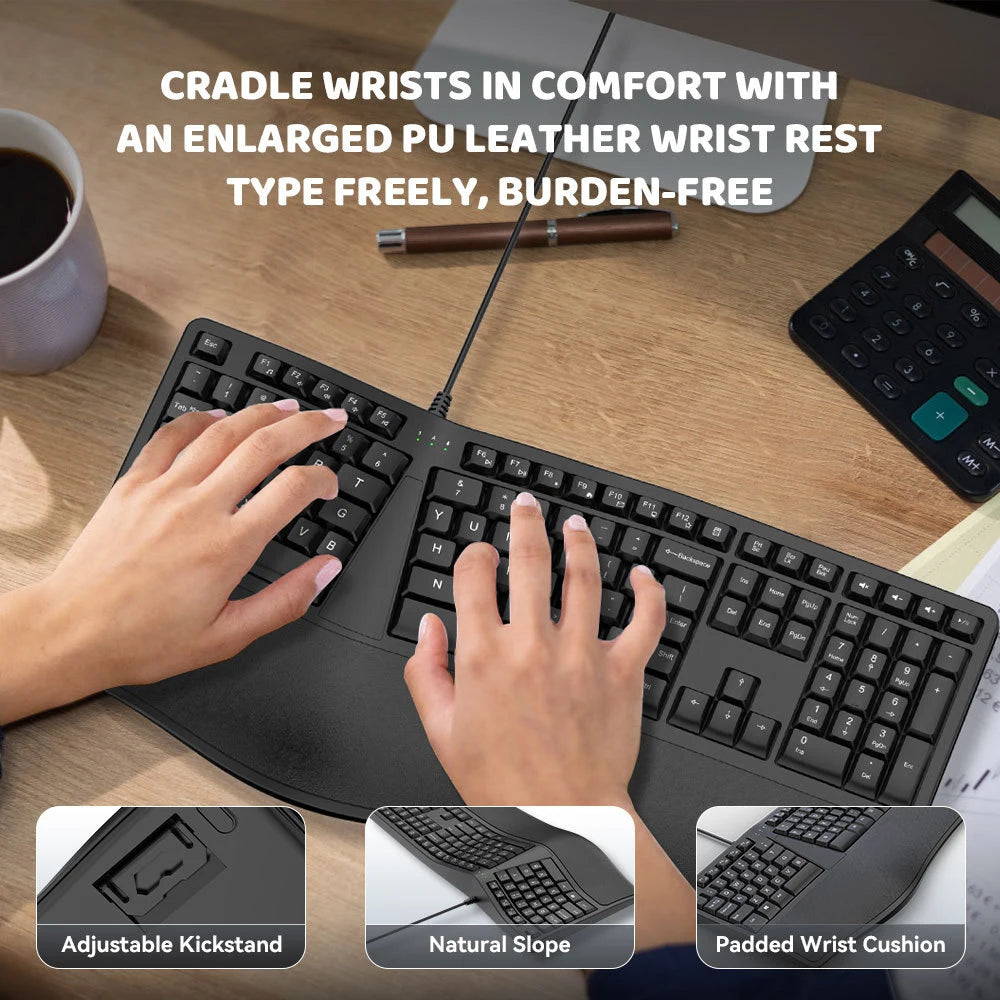 Clavier Ergonomique Filaire - QWERTY 110 Touches avec Repose-Poignets